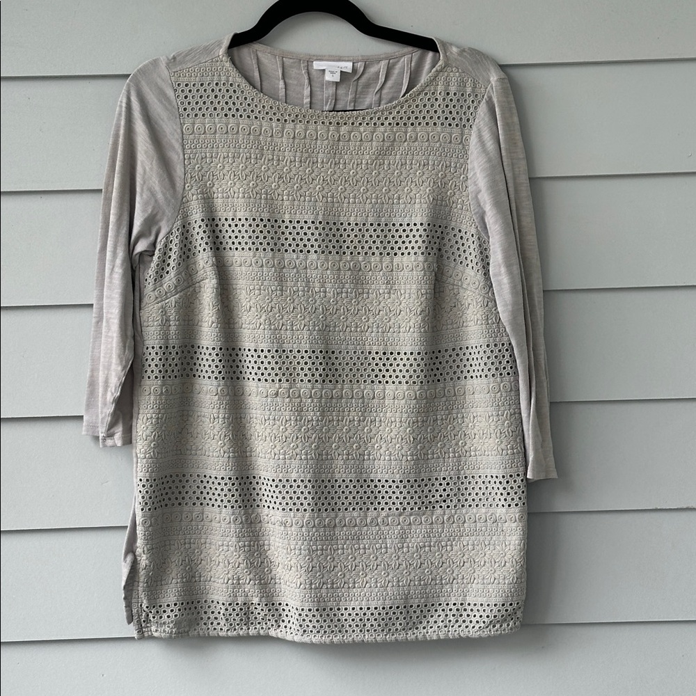 J. Jill Light Gray Floral Embroidery Overlay 3/4 Sleeve Blouse